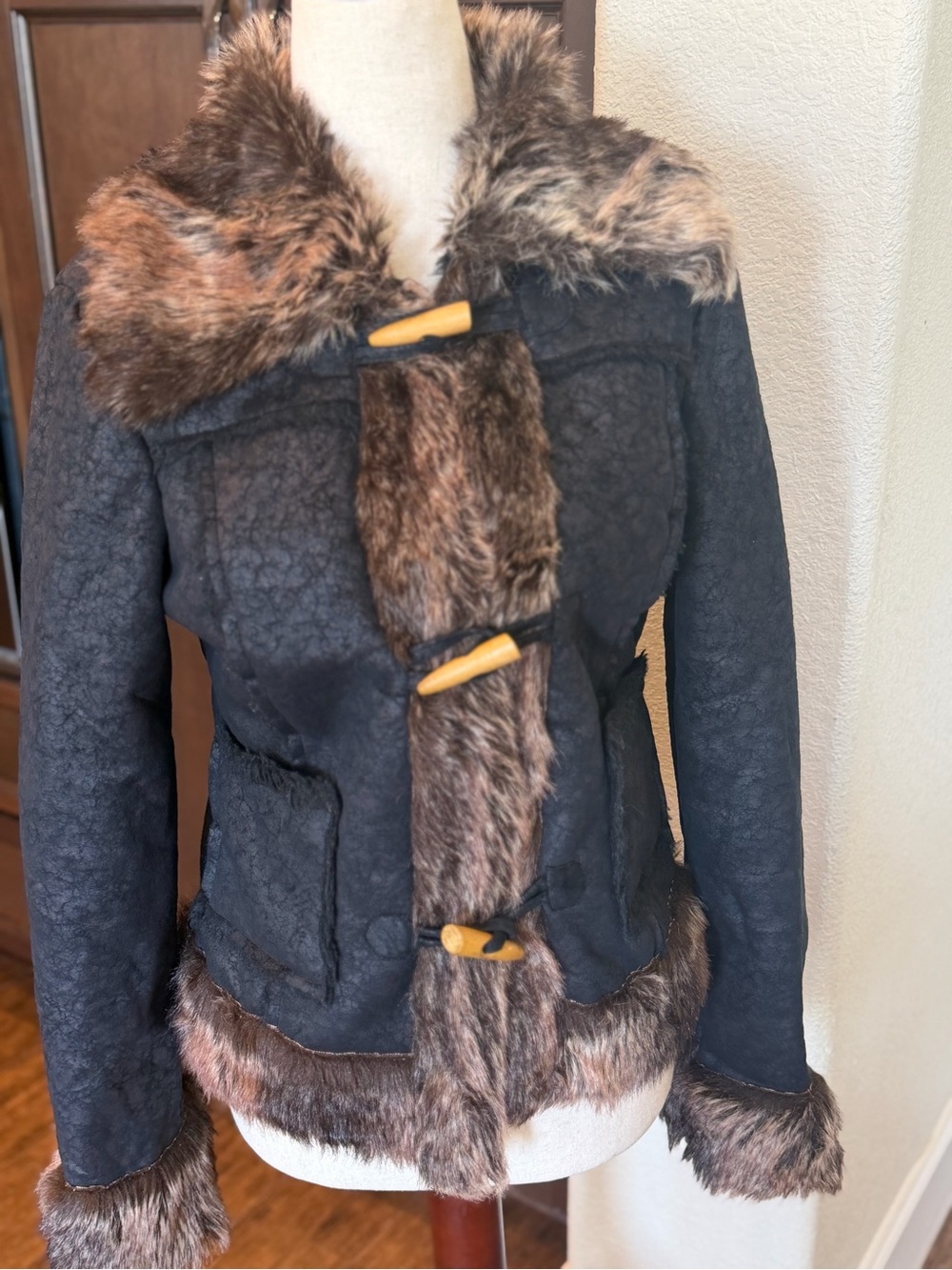 Paris Blues Vintage Black Faux Suede Penny Lane Jacket Fur Trim Toggle Closure M